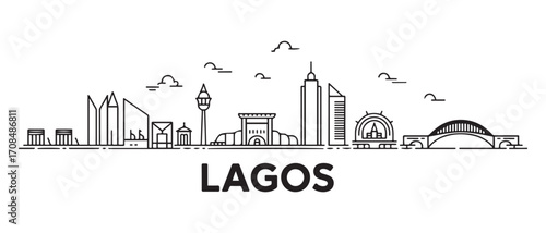 Lagos Line Art skyline horizontal banner. Lagos, Nigeria. Vector template for your design. with white background