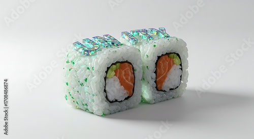 Futuristic holographic letters spell 'UNITY' atop delicious fresh sushi rolls