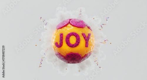 Vibrant celebration sphere spells JOY with exotic fruit and festive confetti, perfect for happiness themes.
