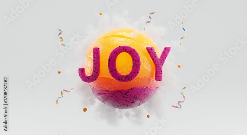 Vibrant fruit letters spell JOY amidst celebratory confetti and soft clouds