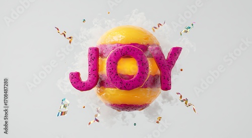 Vibrant 3D 'JOY' text rendered with juicy fruit textures and festive confetti