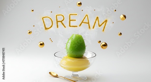 Sparkling golden letters spell DREAM above a vibrant green cactus apple dessert in a clear bowl