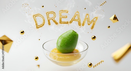 Golden 'DREAM' text floats above vibrant green apple in a glass bowl with abstract golden elements