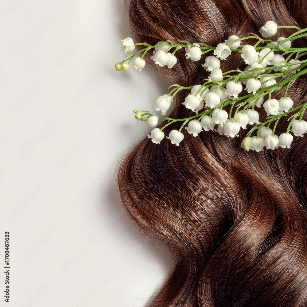 Naklejka premium Luxurious brown hair with delicate white flowers