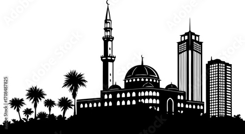 Vector art of silhouette of khartoum city skyline, featuring iconic buildings and landmarks in black