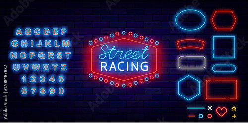 Street racing neon label. Vintage border. Geometric frames collection. Car tournament. Vector stock illustration
