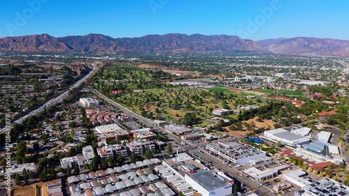 Drone View of Freeway, Suburbs and San Gabriel Mountains in Los Angeles