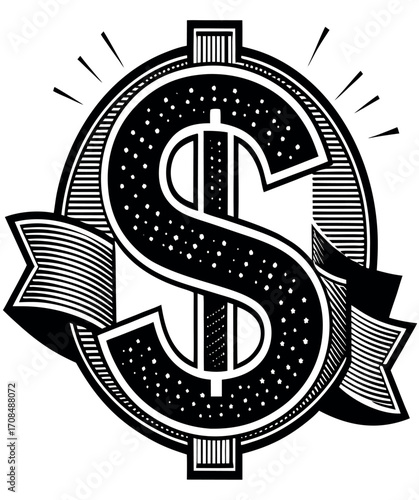 Monetary Emblem: A vintage-style illustration, a bold dollar sign enclosed within a decorative emblem, symbolizing wealth and financial value.