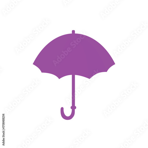 Simple purple umbrella silhouette icon. A minimalist flat vector graphic representing rain and weather protection, isolated on a white background