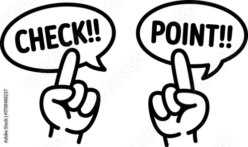 Minimalist cartoon hands pointing to check and point speech bubbles indicating important information vector