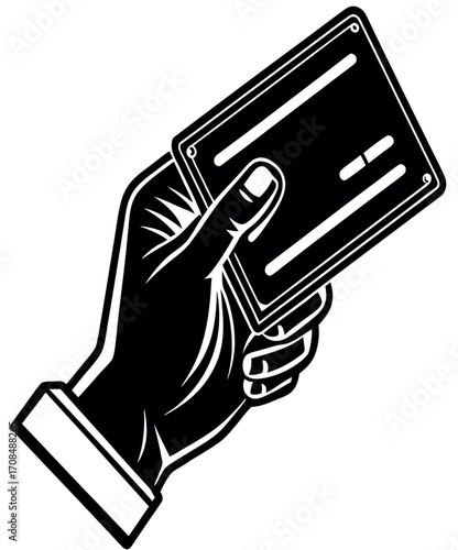 Hand Presenting a Card: A stylized illustration of a hand holding a credit card, conveying a sense of transaction, finance, and commerce.