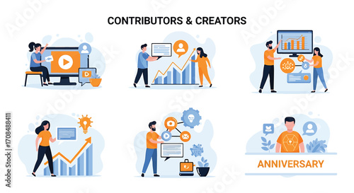 Creators and Contributors: Illustrative representation of creators and contributors, highlighting different aspects of collaborative teamwork, technology usage, idea generation, and communication.