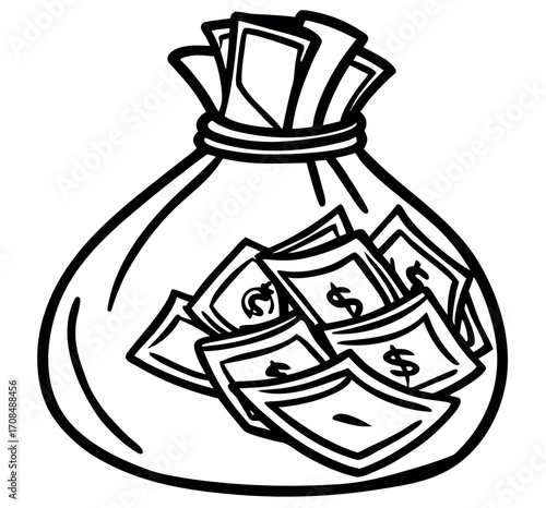 Bag of Money: A simple, clean illustration of a money bag overflowing with cash, symbolizing wealth and financial prosperity.