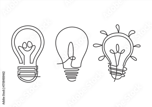 Lightbulb Line Art Set Creative Ideas and Innovation Concept. line icon-continuous line drawing. Editable stroke. 