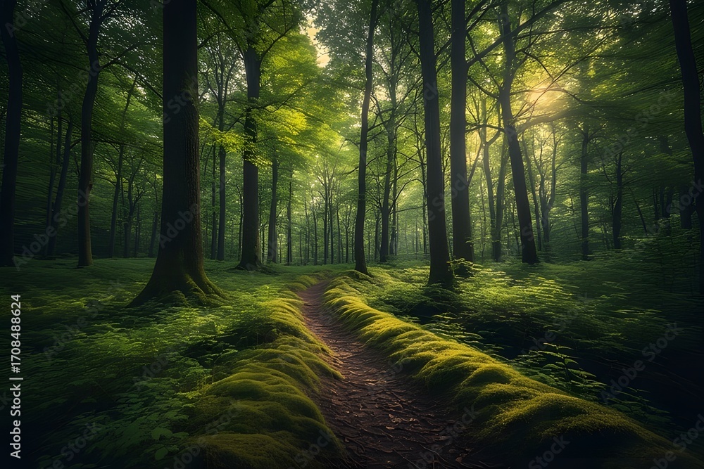 Naklejka premium Sunlight streams through lush forest canopy illuminating a mossy forest path