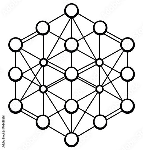 Intricate Geometric Structure: An intriguing, symmetrical network of interconnected circles and lines, reminiscent of a complex digital web, showcasing the elegance of abstract forms.