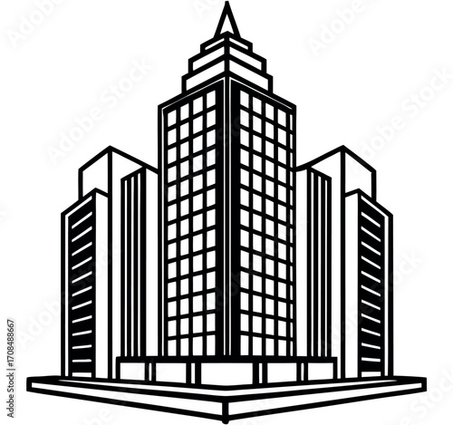 Elegant Urban Architecture: A modern, graphic illustration of a sleek skyscraper, with a symmetrical design that exudes professionalism and the promise of growth.