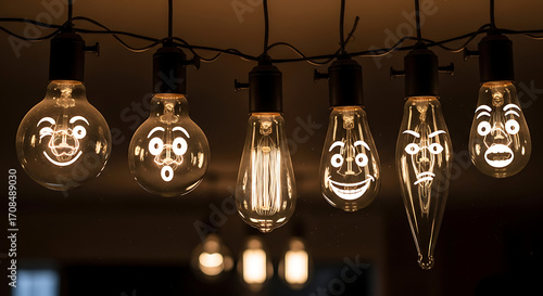 Five Edison Bulbs with Whimsical Faces Illuminated in Warm Light.