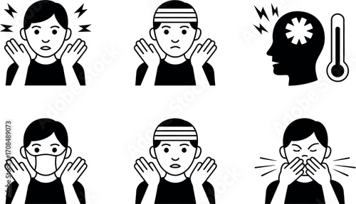 Set of six black and white medical icons depicting symptoms of illness and recovery vector