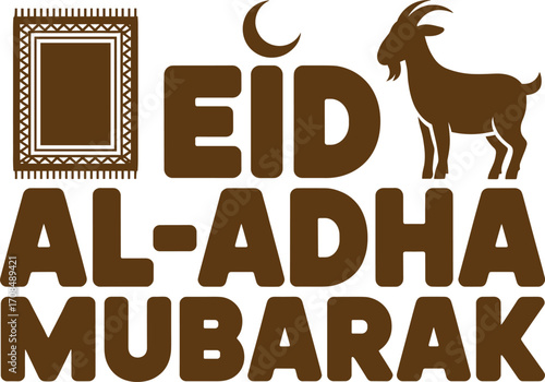 Eid al adha mubarak celebratory design featuring goat moon and prayer mat graphic elements