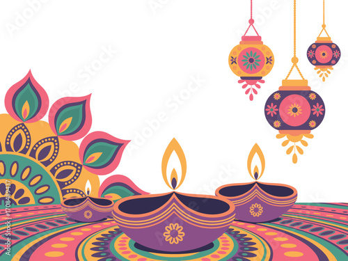 Vibrant diwali festival poster design with diyas and lanterns festive celebration