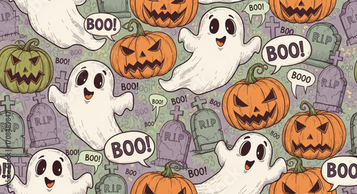  Hand-Drawn Vintage Seamless Halloween Pattern with Ghosts, Pumpkins, and Tombstones