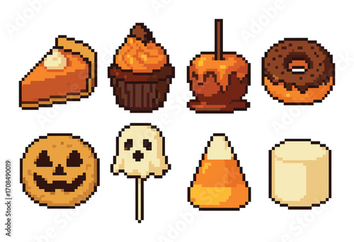 Pixel art halloween sweets and treats collection on orange background