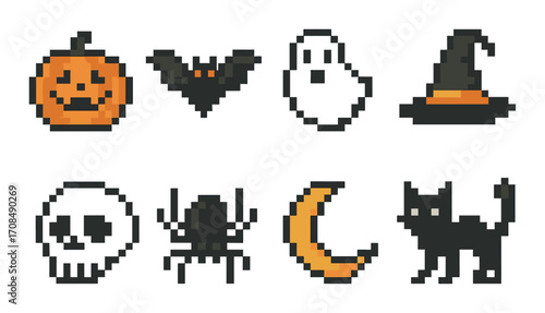 Pixel art halloween icons with pumpkin, bat, ghost, witch hat, skull, spider, moon, and cat