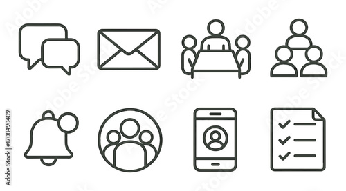 Communication and organization icons set: chat, email, team, notification, contacts, checklist