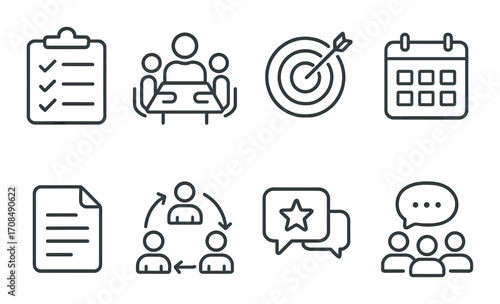 Teamwork and productivity icons: meeting, target, calendar, document, communication