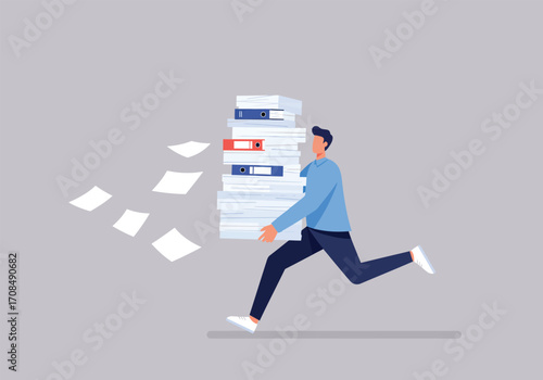 A man in a blue shirt and black pants is running while carrying a large stack of files and papers, with some papers flying off the stack, against a light gray background, depicting a busy or stressful