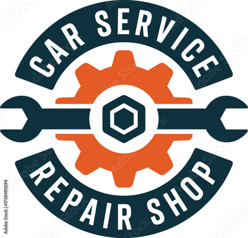 Professional car service repair shop emblem with wrench and gear for automotive business