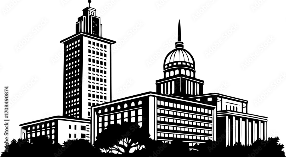 Fototapeta premium Vector art of silhouette of the saskatchewan legislative building in regina with trees in the foreground