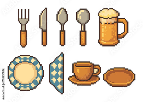 Pixel art tableware set with utensils and drinks on yellow background