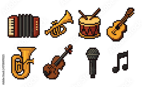 Pixel art musical instruments collection on yellow background