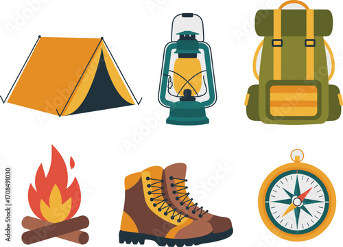 Outdoor camping gear collection with tent lantern backpack boots fire compass