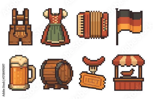 Pixel art oktoberfest icons: lederhosen, dirndl, accordion, german flag, beer, barrel, sausage, pretzel