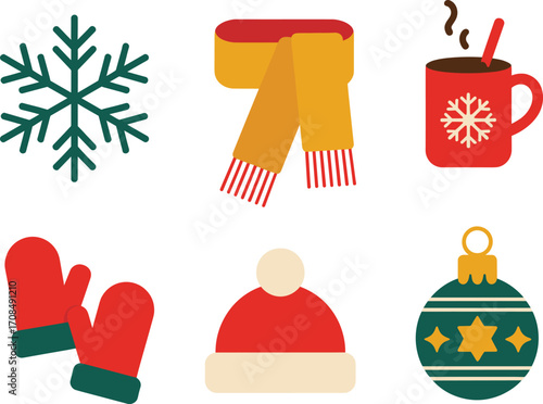 Cozy winter icons snowflake scarf hot chocolate hat mittens ornament for festive design