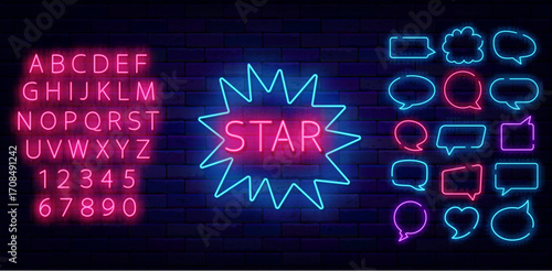 Star neon label. Speech bubble frames. Talent competition. Show and party celebration. Vector stock illustration