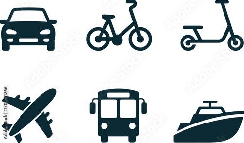 Collection of six flat silhouette icons representing different modes of transportation