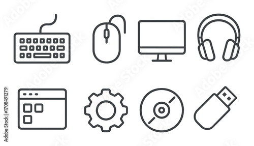Black and gray computer accessories icons set on gradient background