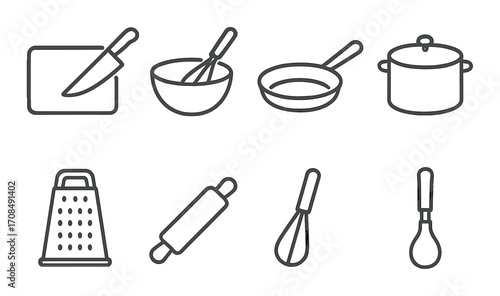 Kitchen utensils set: knife, bowl, pan, pot, grater, rolling pin, whisk icons