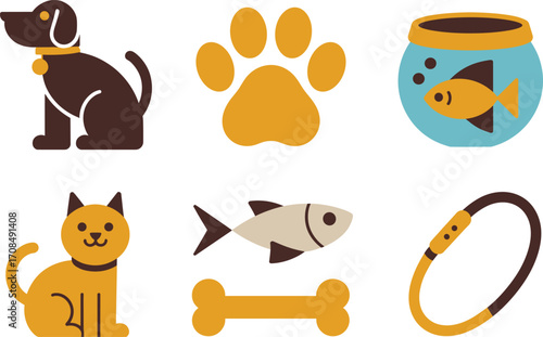 Charming flat graphic set six adorable pet elements dog cat fish paw bone collar