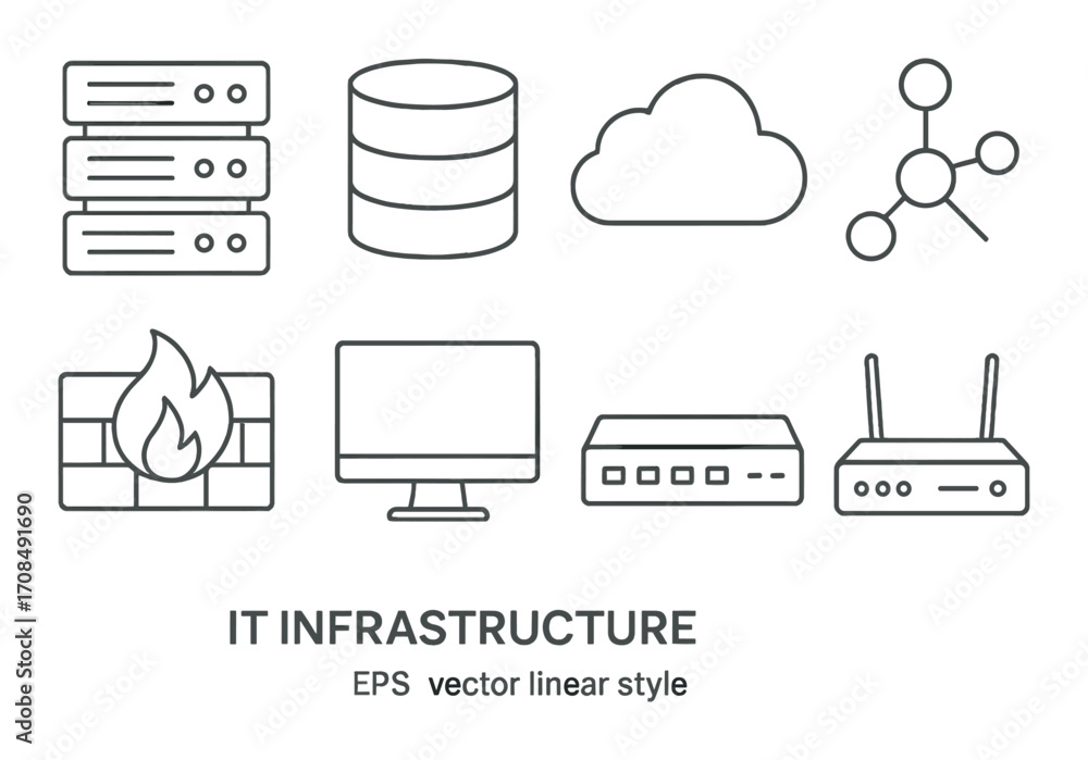Set of it infrastructure icons in linear style featuring servers, cloud, and network elements