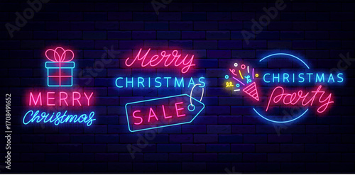 Merry Christmas sale and party neon labels set. Gift box and firework petard. Glowing lettering. Vector stock illustration