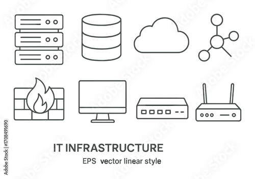 Set of it infrastructure icons in linear style featuring servers, cloud, and network elements