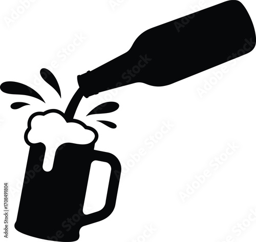 Black silhouette of beer pouring from bottle into frothy mug classic bar scene