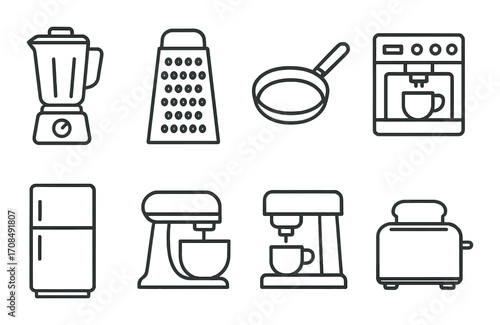 Black line art icons of kitchen appliances on a stainless steel background