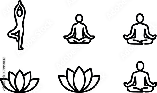 Set of minimalist line art icons representing yoga meditation and lotus flowers for wellness and harmony vector
