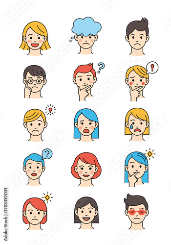 Various facial expressions showing different emotions and common health issues.